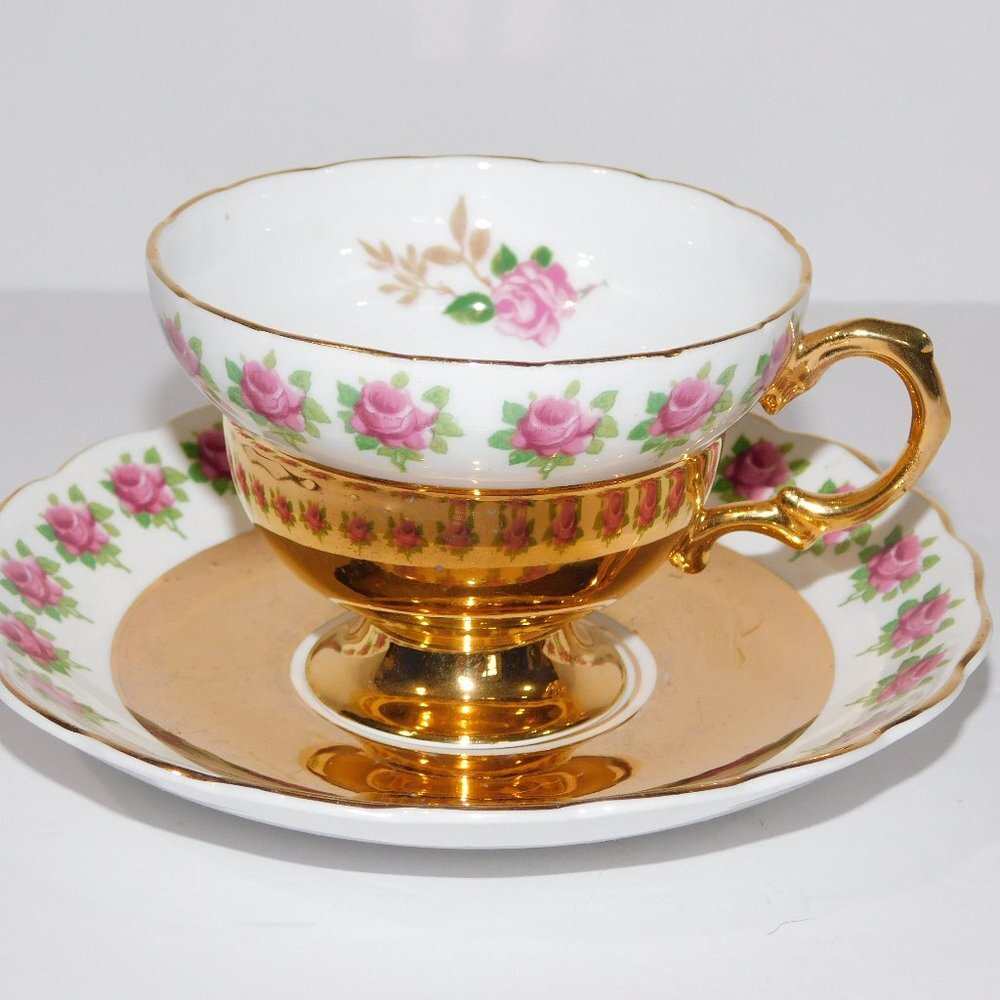 Vintage ROSINA Pink Rose Gold Accent Tea cup & Saucer England Bone China